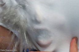 Hot big tittied blonde gets tied up tight, humiliated, and fucked in public bar.