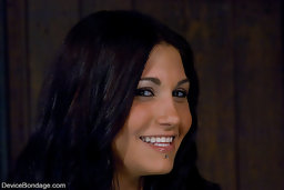 Little Italian girl, bound in metal with hard fucking machine drilling her shaved pussy.