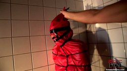 Sexy babe Miho Lechter bound & wrapped in latex in bathroom