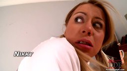 Blonde schoolgirl Nikki peeing for the teacher in uniform